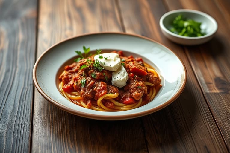Safranbolognese med fetaost og søtpotet-"nudler"