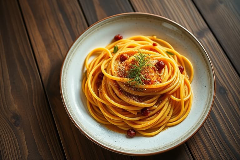 Pasta med krydret ansjos-saus og dillbrødsmuler
