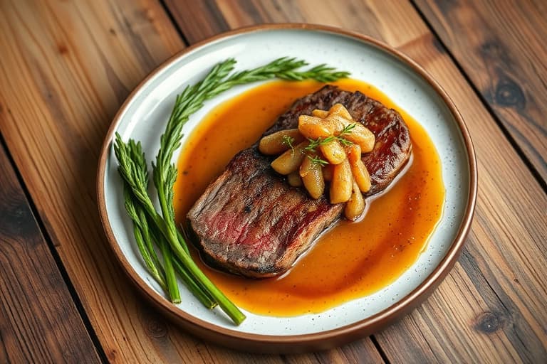 Marinert tri-tip med kinesisk sennepssaus og ovnsbakte grønne løk og sopp