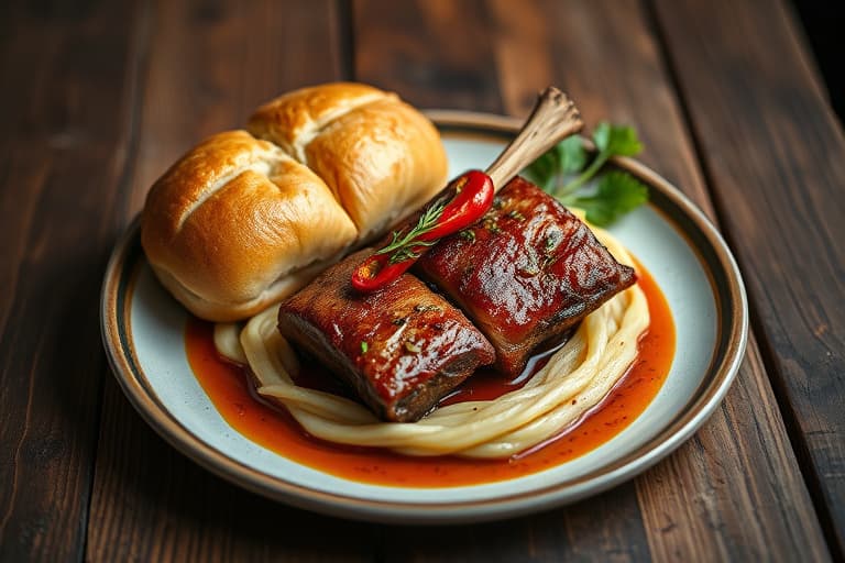 Brased kortrevede ribber med chili og krydder, servert med svarte bønner