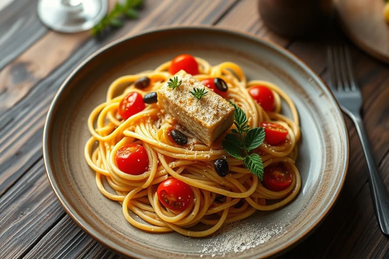 Pasta med soltørkede tomater, oliven og geitost