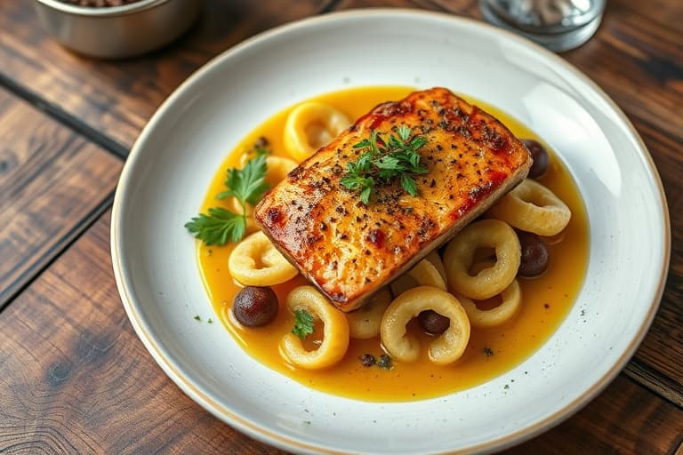 Ovnsbakte kyllingbryst med sitron- og sennepsdressing, servert med ruccolasalat