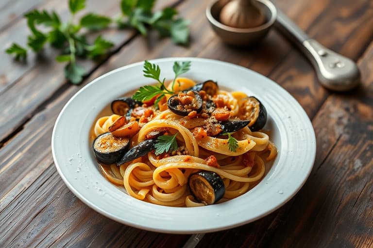 Thailandsk-inspirert fusilli med aubergine og shiitake-sopp