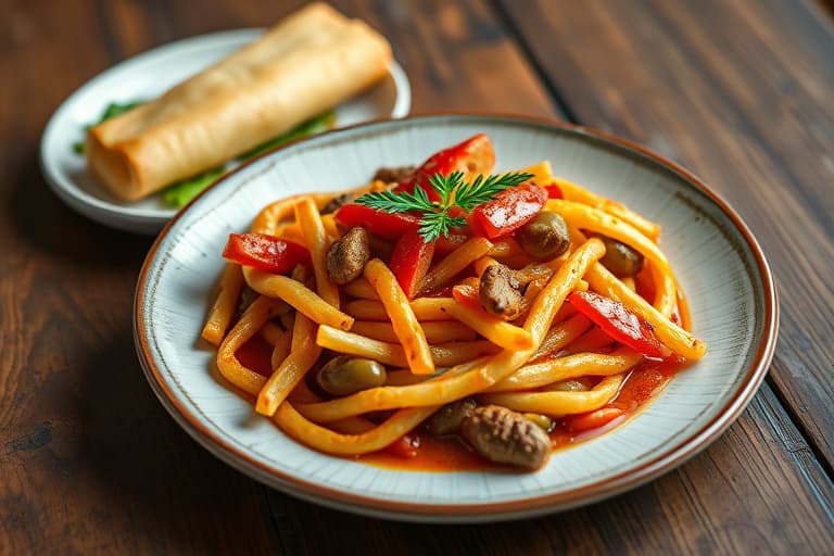 Friterte paprika, løk og pølser