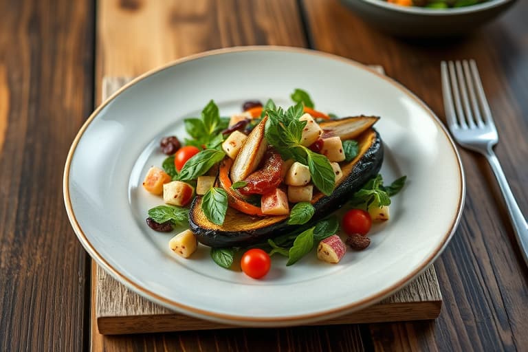 Salat med ferske urter og grønnsaker, servert med stekt aubergine