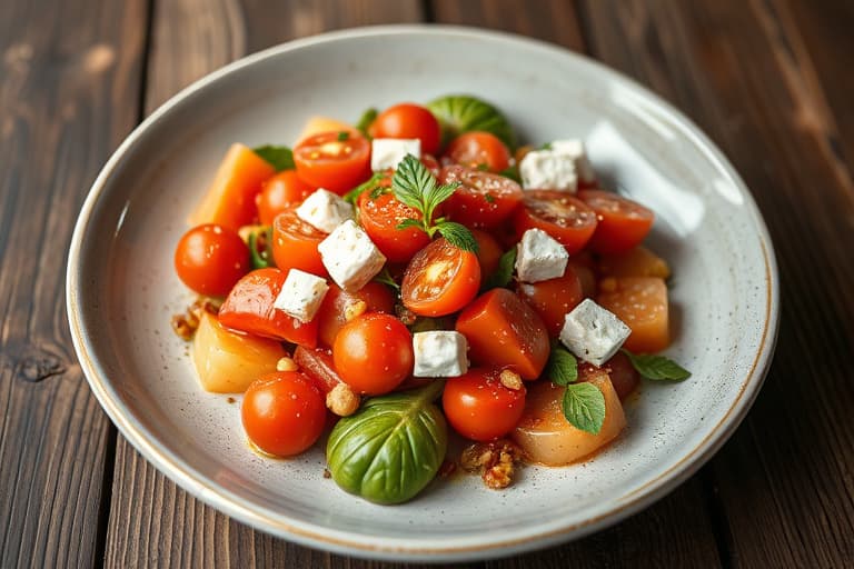 Tomatsalat med vannmelon, fetaost og ristet mandel