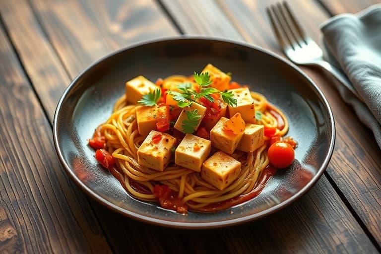 Sitrusmarinert tofu med løk og paprika