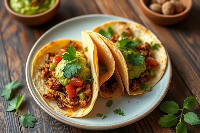 Guacamole-tacos med tomatillo og biffsaus