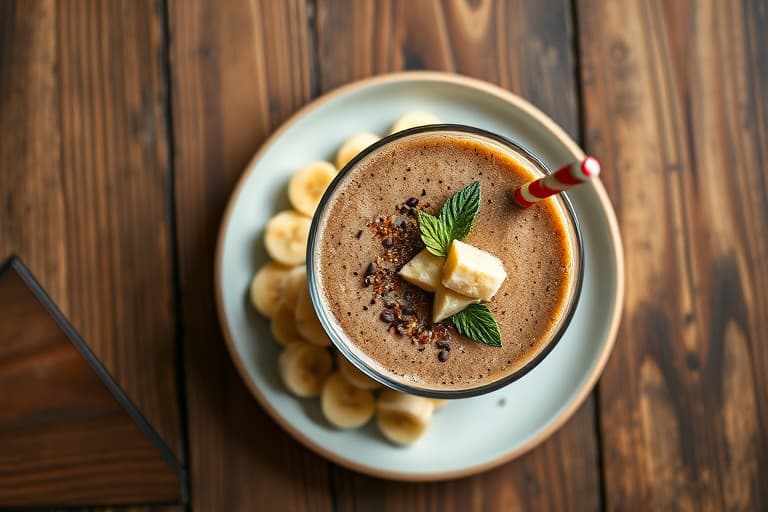 Banan-, kaffe-, cashew- og kakaosmoothie