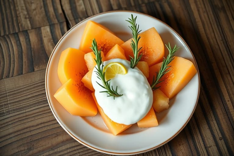 Vannmelon med yoghurt, valmuefrø og stekt rosmarin
