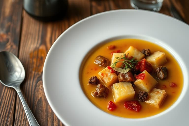 Kyllingsuppe med små matzo-kuler av purre og gressløk