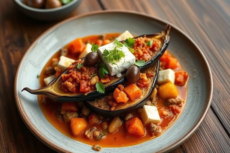 Aubergine med paprika, fetaost og grønne oliven