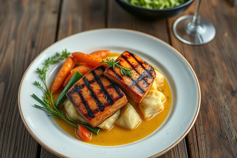 Grillede svinekoteletter med fersken og bønner