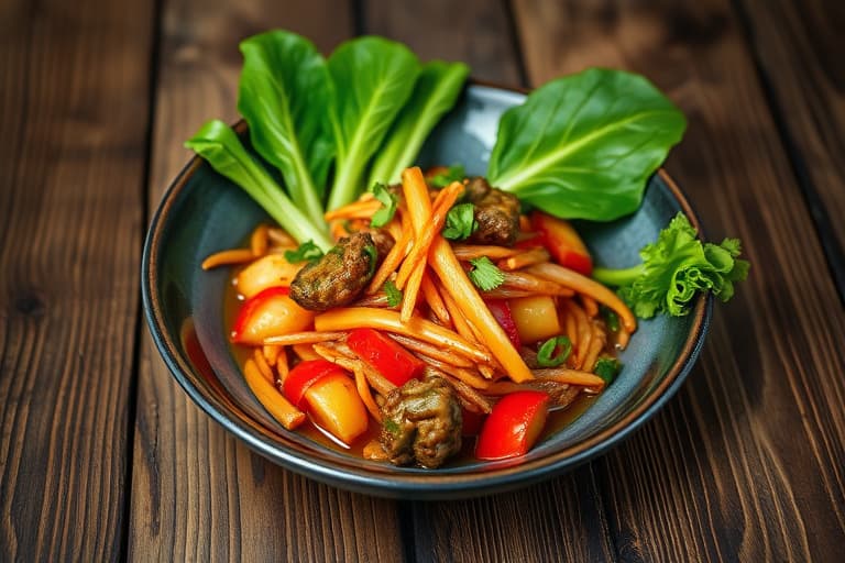 Røstede hot-honning-reker med bok choy og kimchi-ris