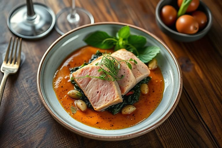 Rosmarin- og sennepssvinefilet med små artisjokker, sjalottløk og vermutjus