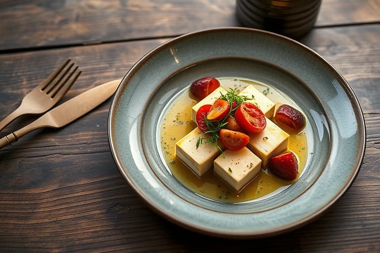 Marinert tofu med peanøtter og brente bønnespirer