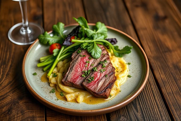 Biff av skirt steak med hasselnøttpicada og wiltet escarole