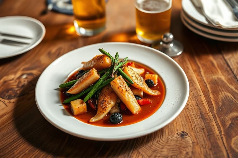 Grønn karri med brune riskudler og sveitsisk kål