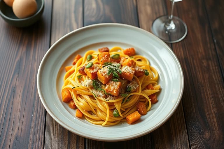 Vintergressstekt pasta fylt med squash og mandler