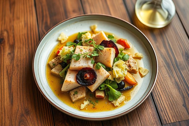 Marinert reke-, kamskjell- og kaperssalat med sherryvinaigrette