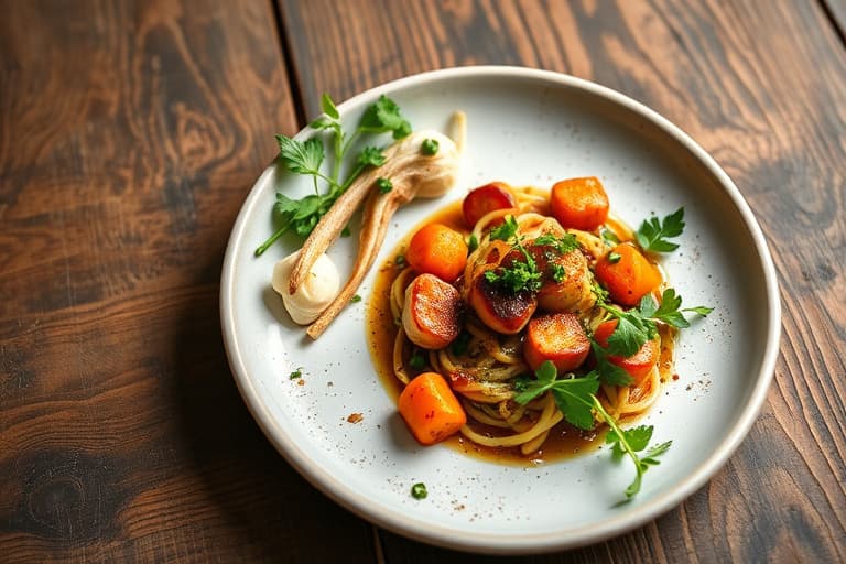 Forkullet blekksprut med fersken, ruccola og modnet balsamico