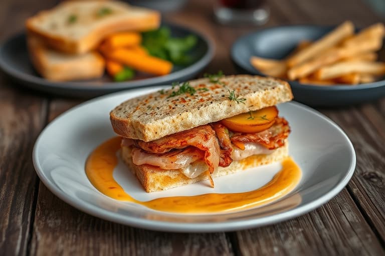 Kyllingbrystsandwich med karamelliserte løk, vannkress og paprika-aioli