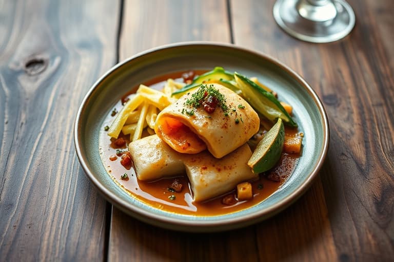 Potetpannekaker med confitert and og rødkål- og rødbetstrimler