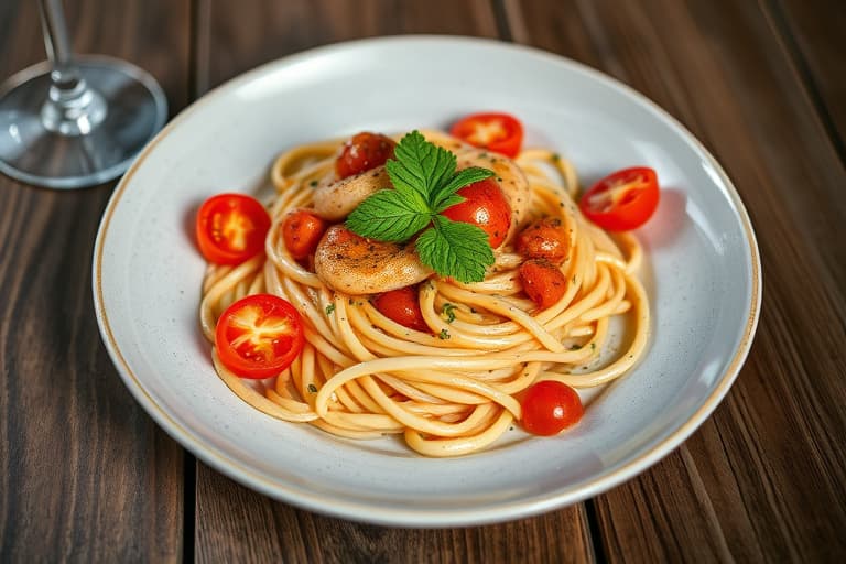 Linguine med kylling, purre og tomater