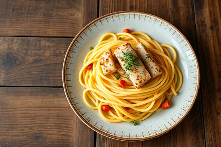 Fettuccine med sverdfisk og sukkererter