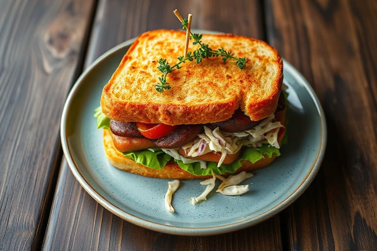 Friterte kylling- og vaffelsandwich med potetsalat og collardkålsslaw
