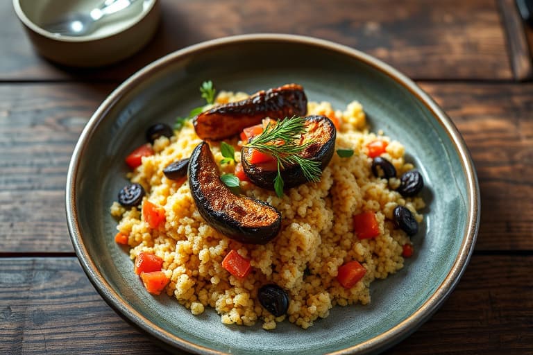 Israelsk couscous med ovnsbakt aubergine og kanel-kumindressing