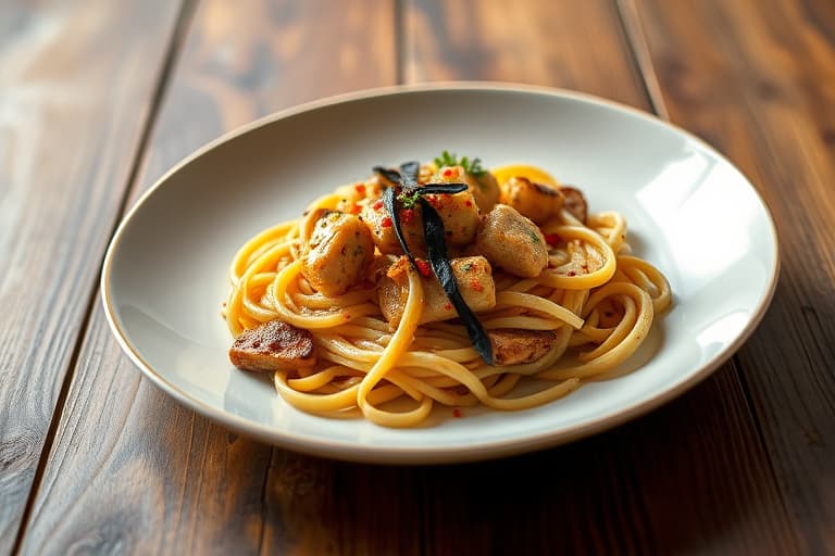 Kjøttfilet av okse med svart pepper og krydderpasta