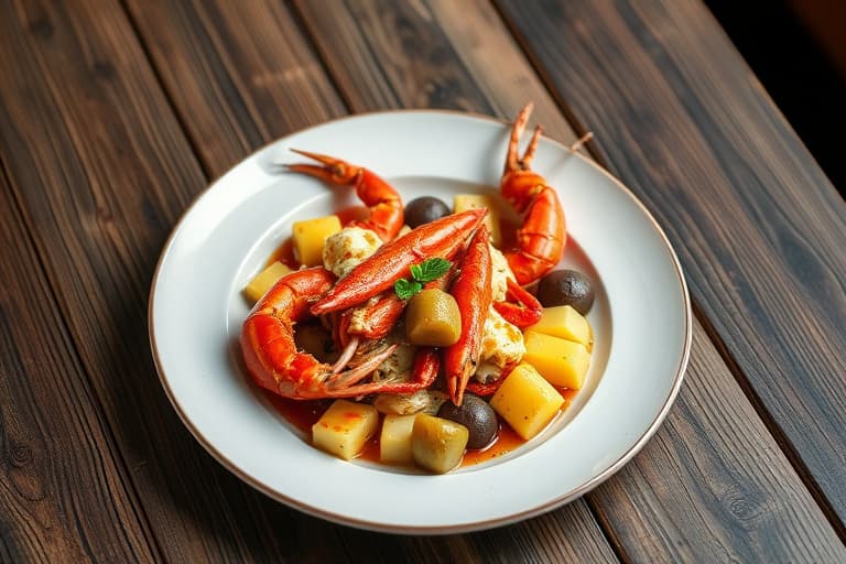 Krydrede kokte krabber, reker, poteter, mais og hvitløk