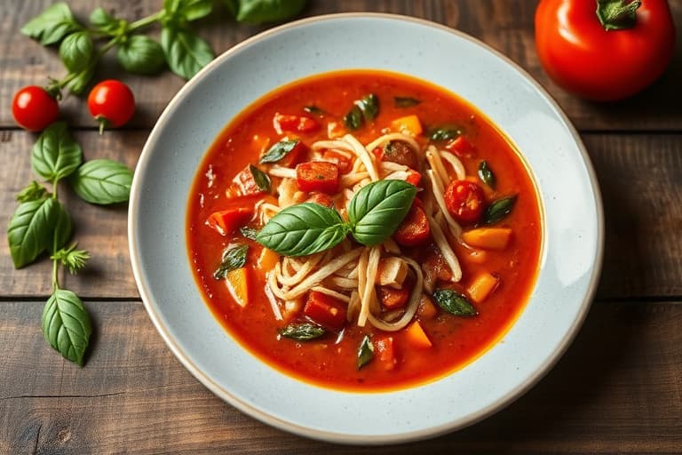 Kald rød peppersuppe med basilikum og krutonger