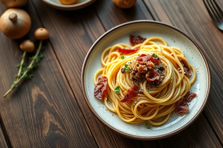 Fettuccine med shiitakesopp, erter og prosciutto
