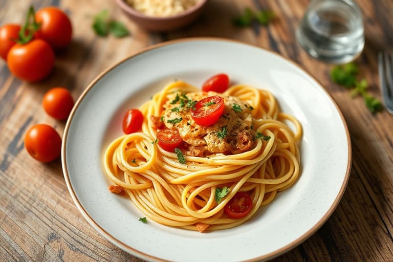 Linguine med røde, gule og oransje tomater
