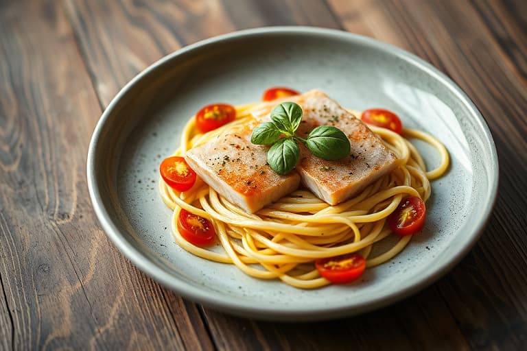 Ahi-tunfisk carpaccio med basilikumpesto-fettuccine og gamle tomater