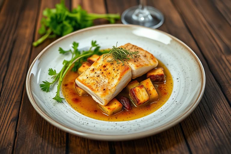 Dampet sjøbass med strimlet svinekjøtt