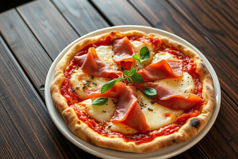 Pizzas med prosciutto, erter, ertespirer og Gruyère