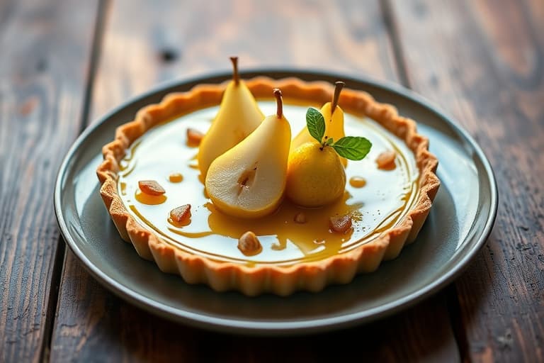 Poached Pear Tart med karamelliserte pistasj nøtter