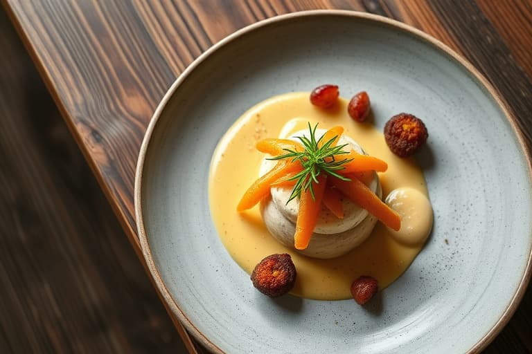 Andebryst med andefett servert med puré av vårløk