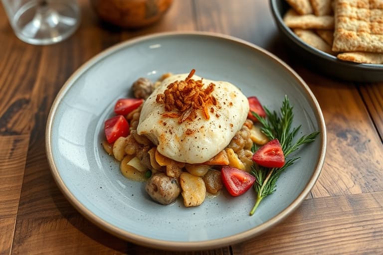 Blomkål- og rosenkålgrateng med pinjekjerner og brødsmuler på toppen