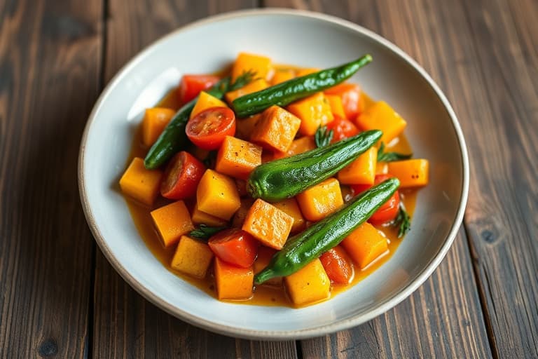 Fersk mais sautert med tomater, squash og stekt okra