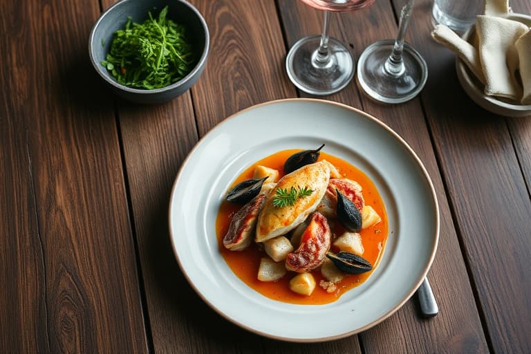 Rød snapper og cepes i en portreduksjon