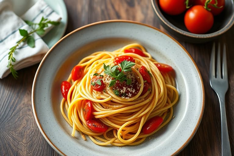 Spaghetti med hvitløksolje og tomat