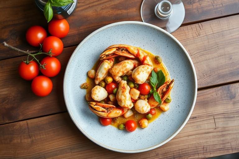 Krabbe med asparges og gamle tomater