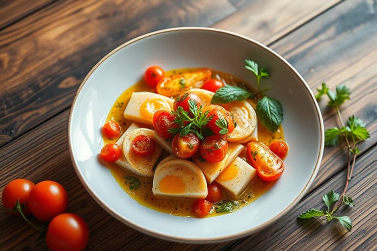 Grillet sjømat med tomat-, kapers- og olivenvinaigrette