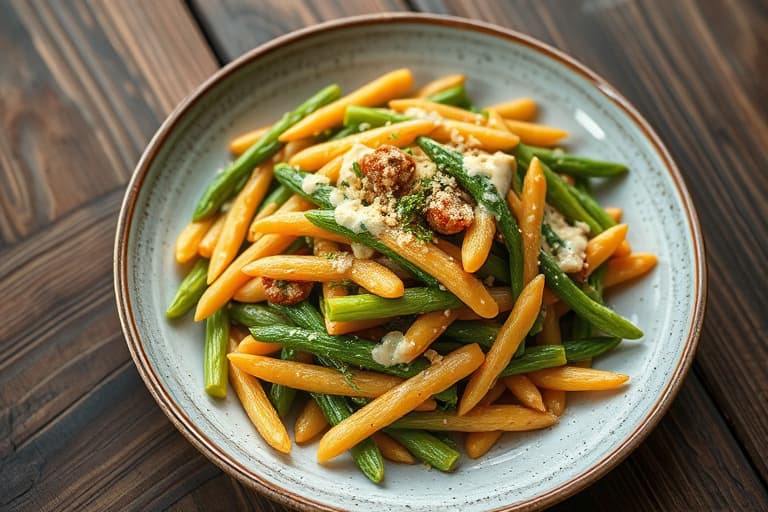 Haricots verts og freekeh med myntedressing av tahini