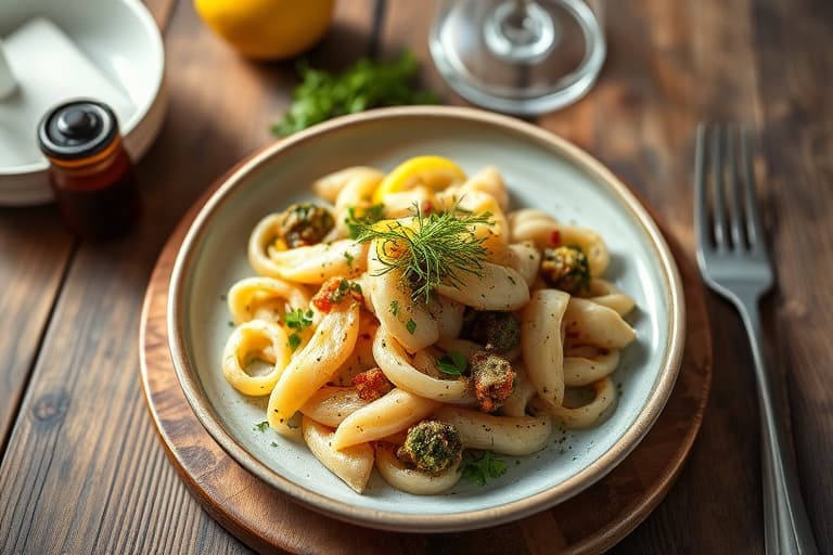 Svinegryte med salat, løk, sitron og dill