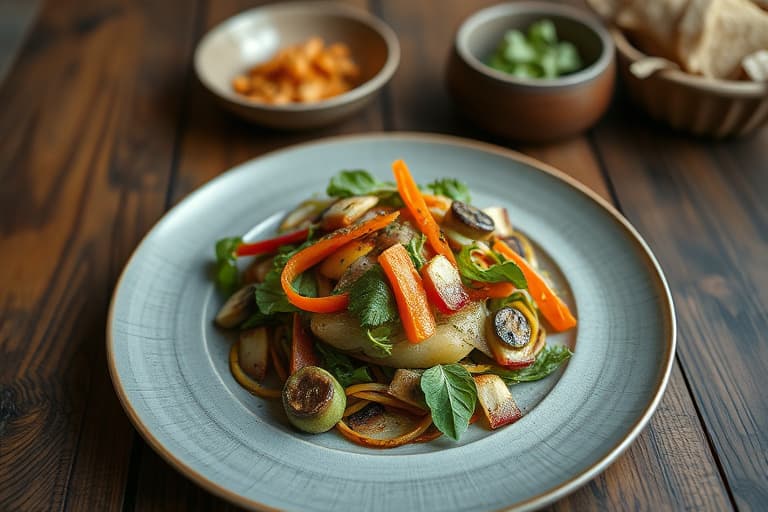 Fem-vegetarsalat med woketekst